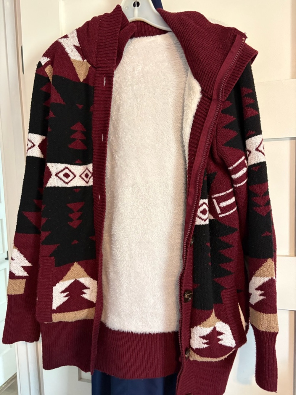 Cozy Aztec Hooded Cardigan in Burgundy, Black & Cream